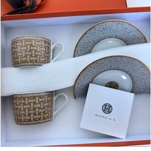 NEW 100% AUTHENTIC HERMES MOSAIQUE AU 24 GOLD TEA CUP AND SAUCER (SET OF 2)